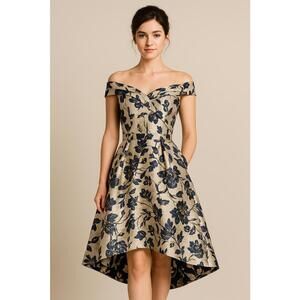 Oleg Cassini Gold Dress with Blue Floral Pattern